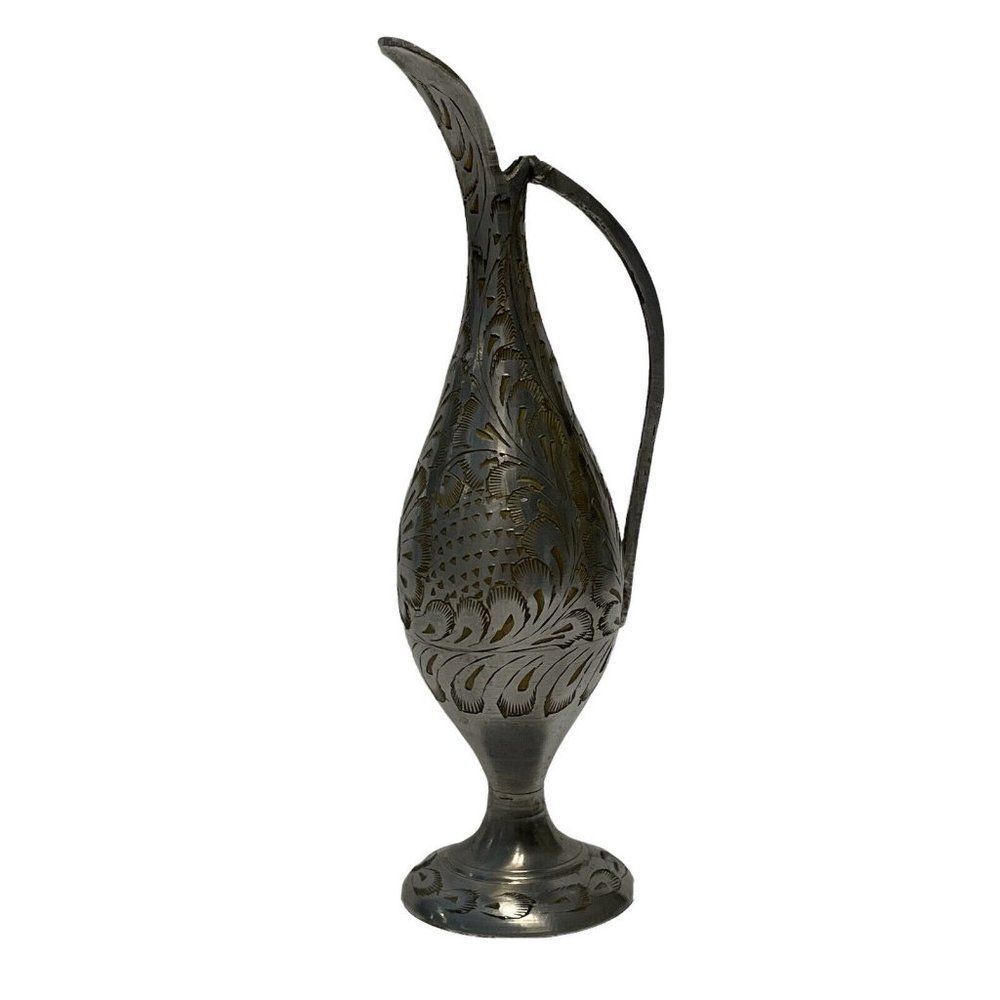 Vintage Pewter Pitcher Vase Pitcher Floral Etch Embellished